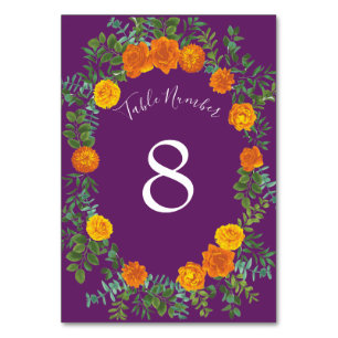 Orange Purple Wedding Roses Floral Table Number