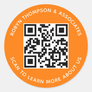 Orange QR Code Stickers Custom Business Name Round