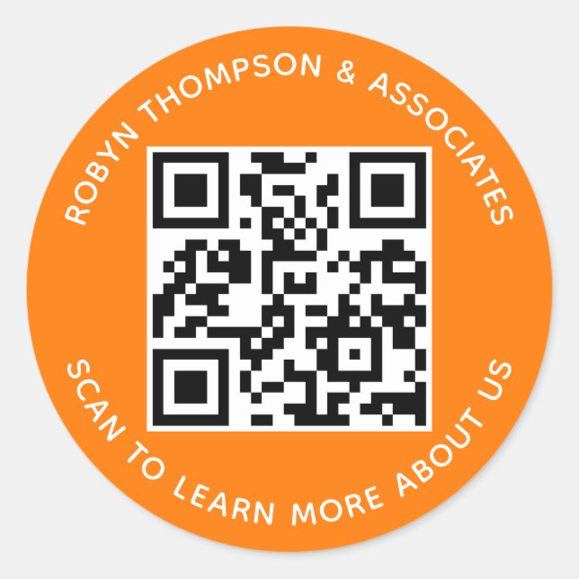 Orange QR Code Stickers Custom Business Name Round (Front)