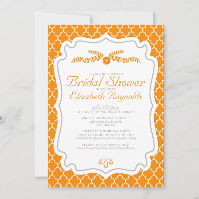 Orange Quatrefoil Bridal Shower Invitations (Front)