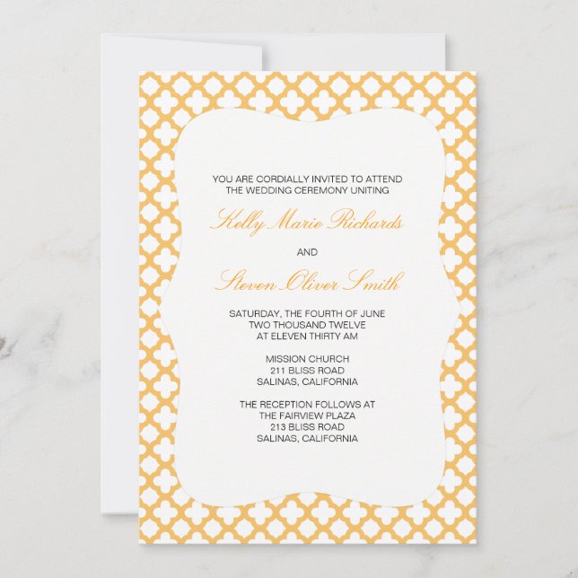 Orange Quatrefoil Pattern Wedding Invitation (Front)