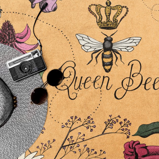 Orange Queen Bee Floral Pattern Beach Towel (Orange Queen Bee Royal Crown Floral Pattern with Queen Bee, Crown, Exotic flowers, bees, beehive)