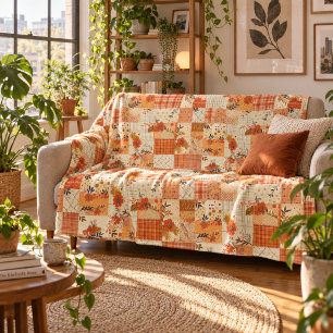 Orange Quilt Patchwork Gingham Cottagecore Floral Fleece Blanket