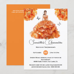 Orange Quinceañera ballgown peony floral flowers Invitation