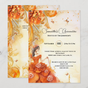 Orange Quinceañera peony ballgown flowers elegant Invitation