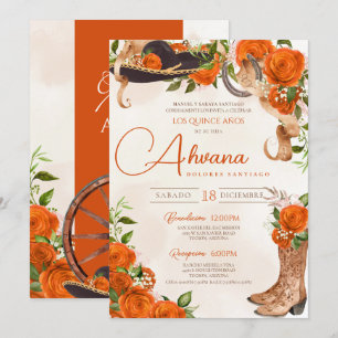 Orange Quinceanera Roses Vintage Charro Western Invitation