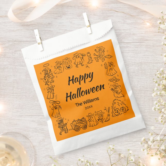 Orange Quirky Hand Drawn Doodles Halloween Favour Bag (Clipped)