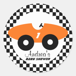 Orange Race Car Baby Shower Classic Round Sticker