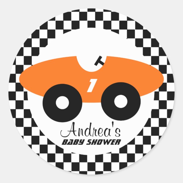 Orange Race Car Baby Shower Classic Round Sticker (Front)