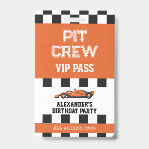 Orange Race Car Vip Pass Pit Crew Birthday Party ID Badge
