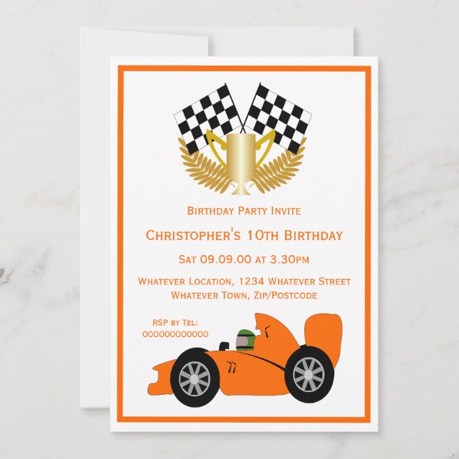 Orange Racing Car Birthday Party Invitation (Front)