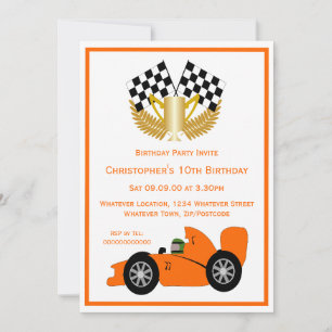 Orange Racing Car Birthday Party Invitation