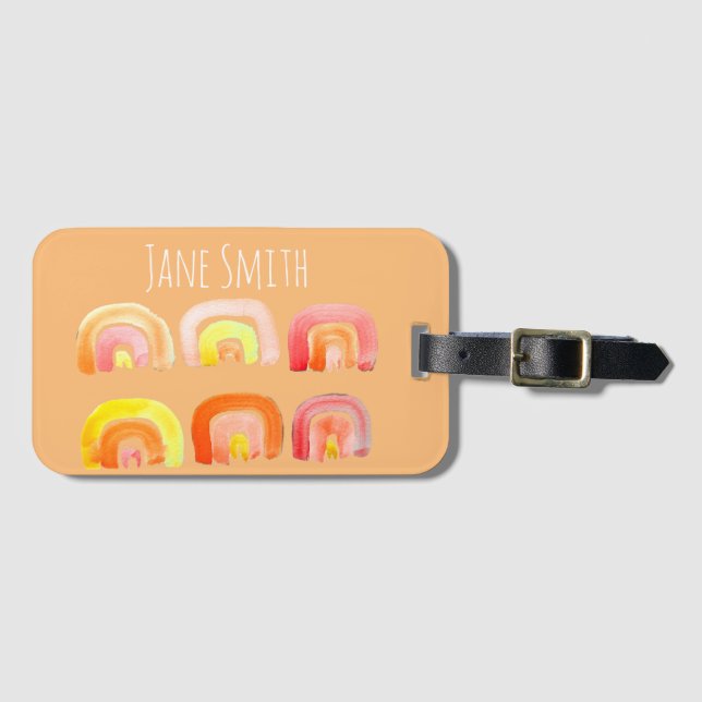 Orange rainbow cute retro art luggage tag (Front Horizontal)