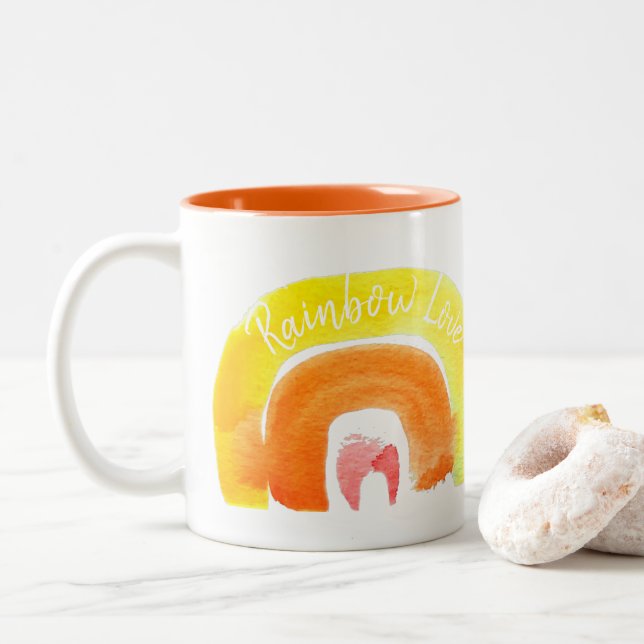 Orange Rainbow love watercolor Two-Tone Coffee Mug (With Donut)