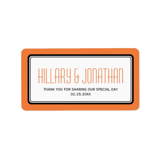 Orange rectangular frame wedding favour labels (Front)