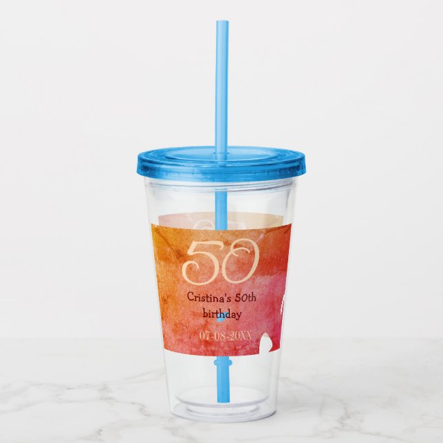 Orange red 50 birthday anniversary add name date p acrylic tumbler (Front)