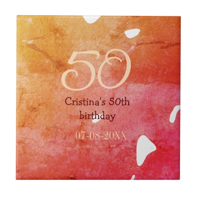 Orange red 50 birthday anniversary add name date p ceramic tile (Front)