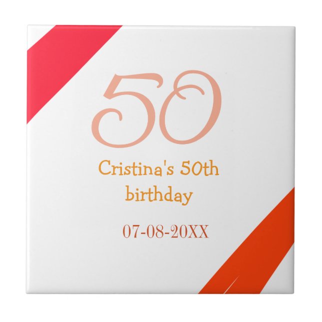 Orange red 50 birthday anniversary add name date p ceramic tile (Front)