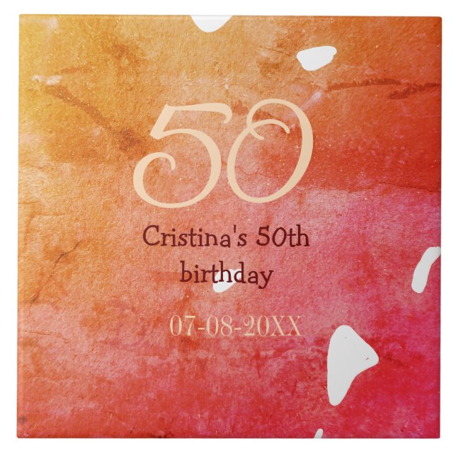 Orange red 50 birthday anniversary add name date p ceramic tile (Front)