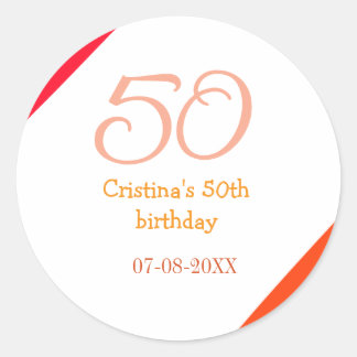 Orange red 50 birthday anniversary add name date p classic round sticker