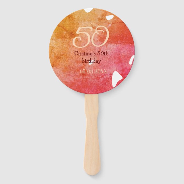 Orange red 50 birthday anniversary add name date p hand fan (Front)
