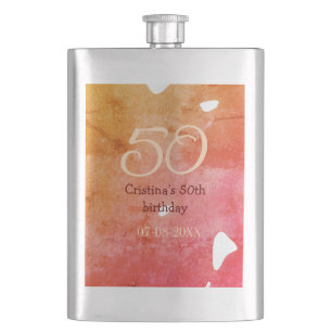 Orange red 50 birthday anniversary add name date p hip flask