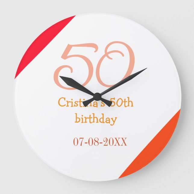 Orange red 50 birthday anniversary add name date p large clock (Front)
