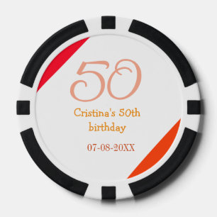 Orange red 50 birthday anniversary add name date p poker chips