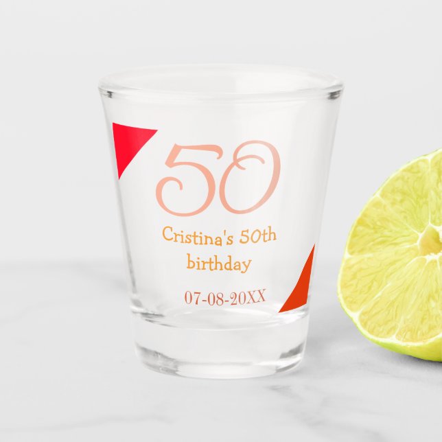 Orange red 50 birthday anniversary add name date p shot glass (Front)