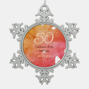 Orange red 50 birthday anniversary add name date p snowflake pewter christmas ornament