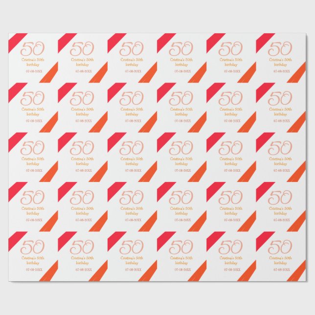 Orange red 50 birthday anniversary add name date p wrapping paper (Flat)