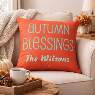 Orange Red and light blue Autumn Blessings Cushion