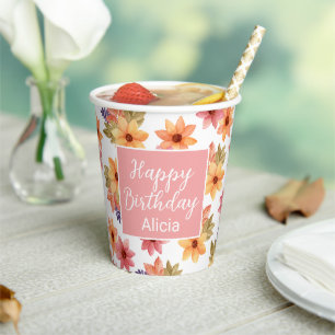 Orange Red Autumn Flora White Birthday Paper Cups