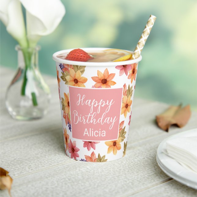 Orange Red Autumn Flora White Birthday Paper Cups (Insitu)