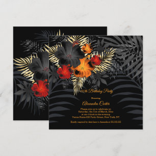 Orange Red Black Hibiscus Floral Birthday Invitation