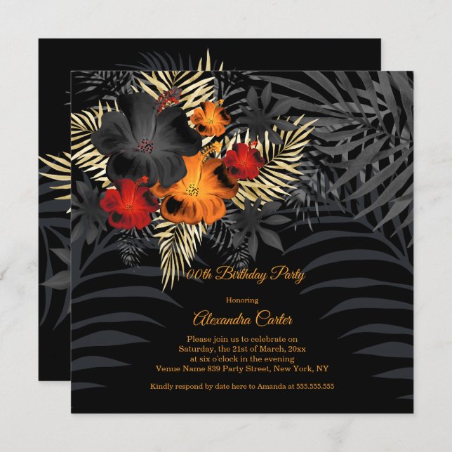 Orange Red Black Hibiscus Floral Birthday Invitation (Front/Back)
