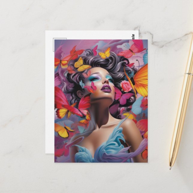 Orange Red & Blue Butterfly Fantasy Woman Postcard (Front/Back In Situ)