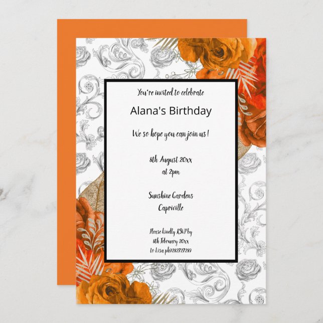 Orange Red Border Floral Elegant birthday Invitation (Front/Back)