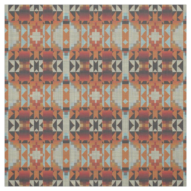 Orange Red Brown Blue Native Tribal Mosaic Pattern Fabric (Swatch)