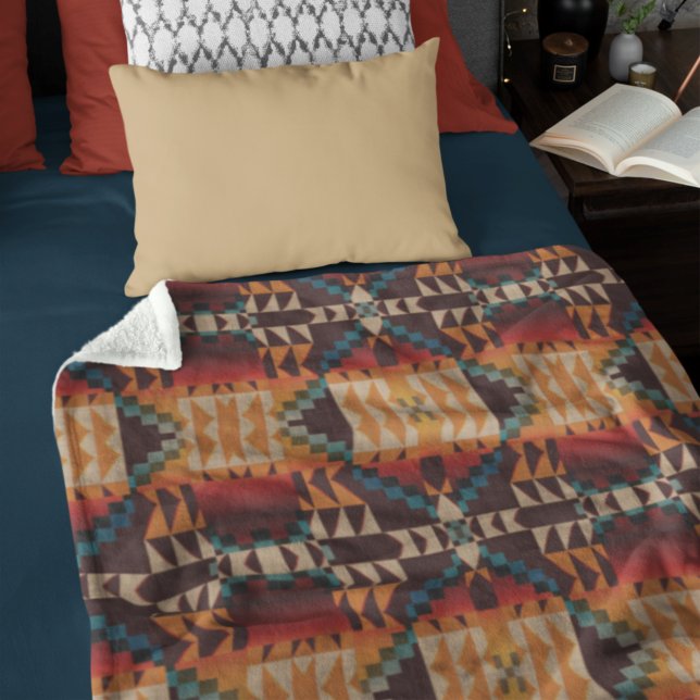 Orange Red Brown Teal Blue Tribal Mosaic Art Fleece Blanket (Creator Uploaded)