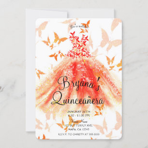 Orange Red Butterfly Dance Dress Quinceañera Party Invitation
