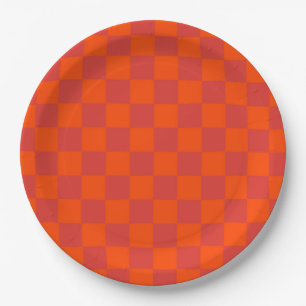 Orange Red Chequered Classic Retro Check Pattern Paper Plate