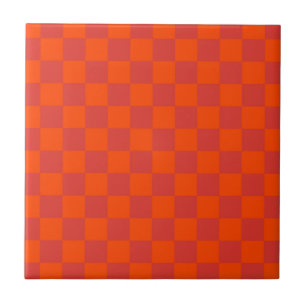 Orange Red Chequered Gingham Pattern Ceramic Tile