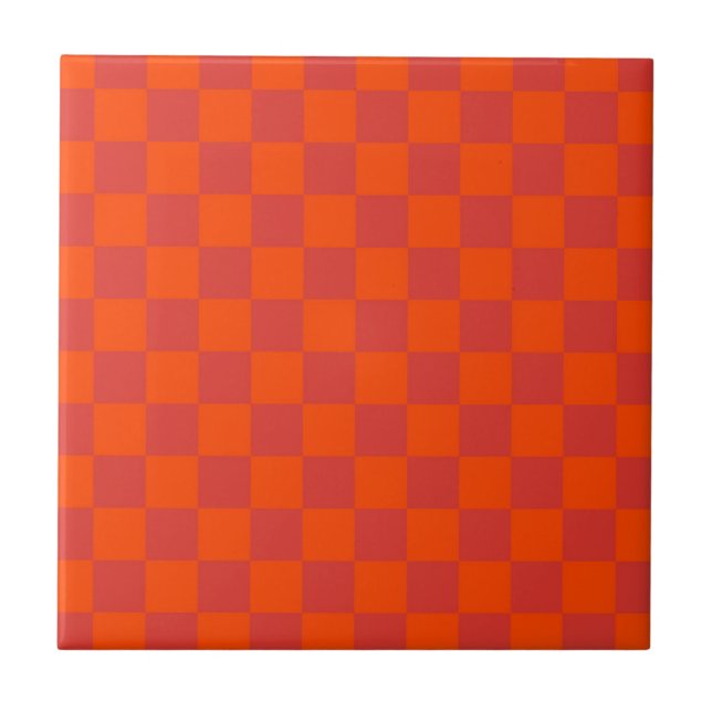 Orange Red Chequered Gingham Pattern Ceramic Tile (Front)