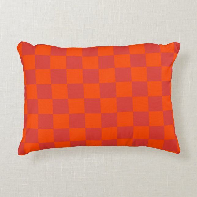 Orange Red Chequered Gingham Pattern Decorative Cushion (Front)