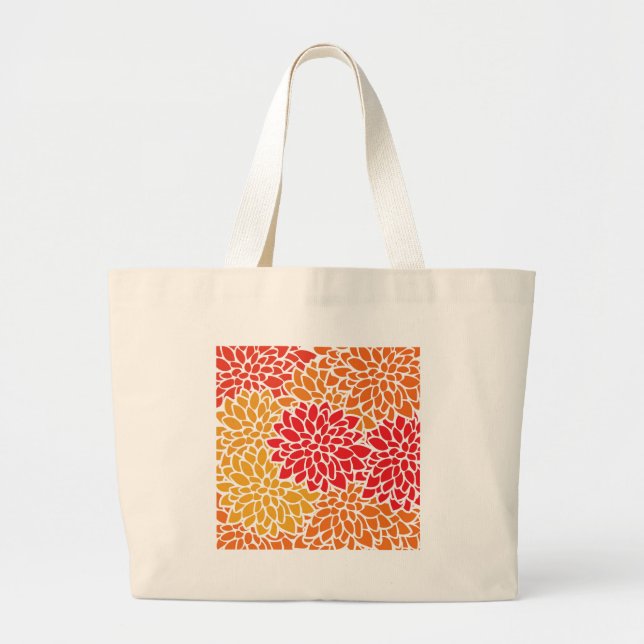 Orange Red Colorful Vintage 60s Flower Large Tote Bag (Front)