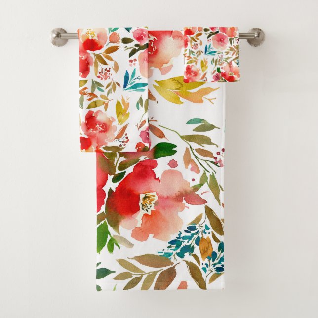 Orange red colourful rose floral summer  bath towel set (Insitu)
