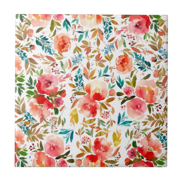  Orange red colourful rose floral summer Ceramic Tile (Front)