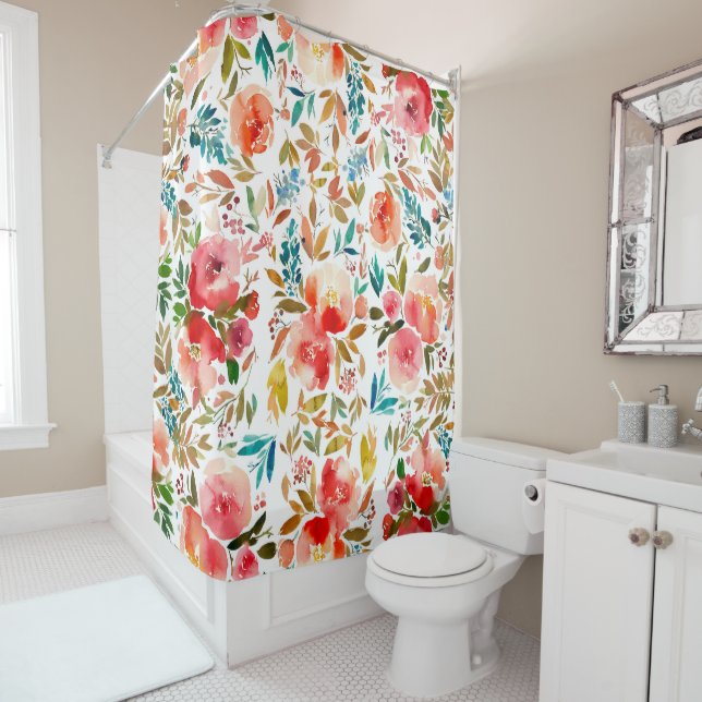 Orange red colourful rose floral summer  shower curtain (In Situ)