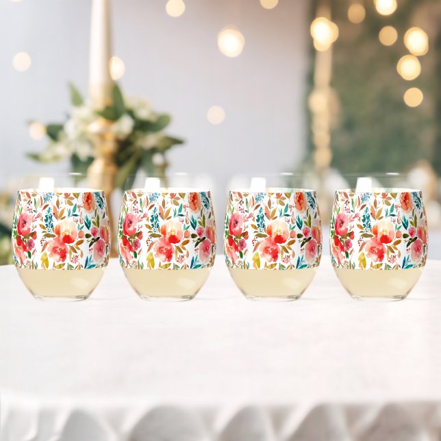 Orange red colourful rose floral summer  stemless wine glass (Insitu (Wedding))